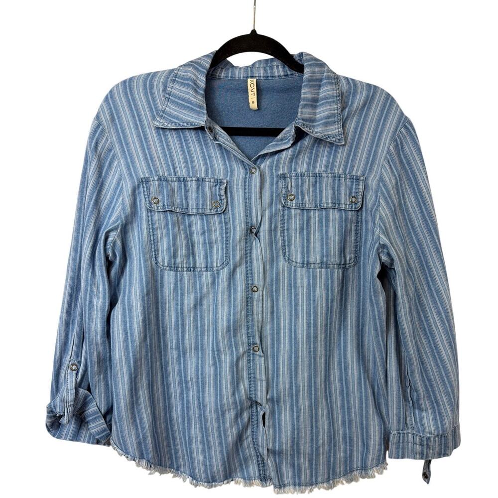 XCVI Blue & White Striped Distressed Hem Button Up Top Size M